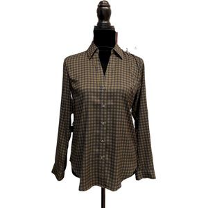 Ann Taylor Navy and Brown Checked Button Down Blouse XS